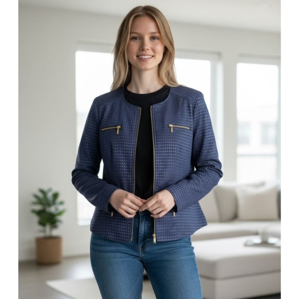 Laura Ashley Womens Blue Jacquard Jacket With Gold Zippers Size M